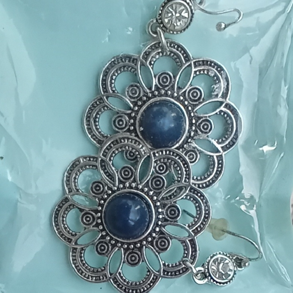 Silver and Blue Floral Earrings